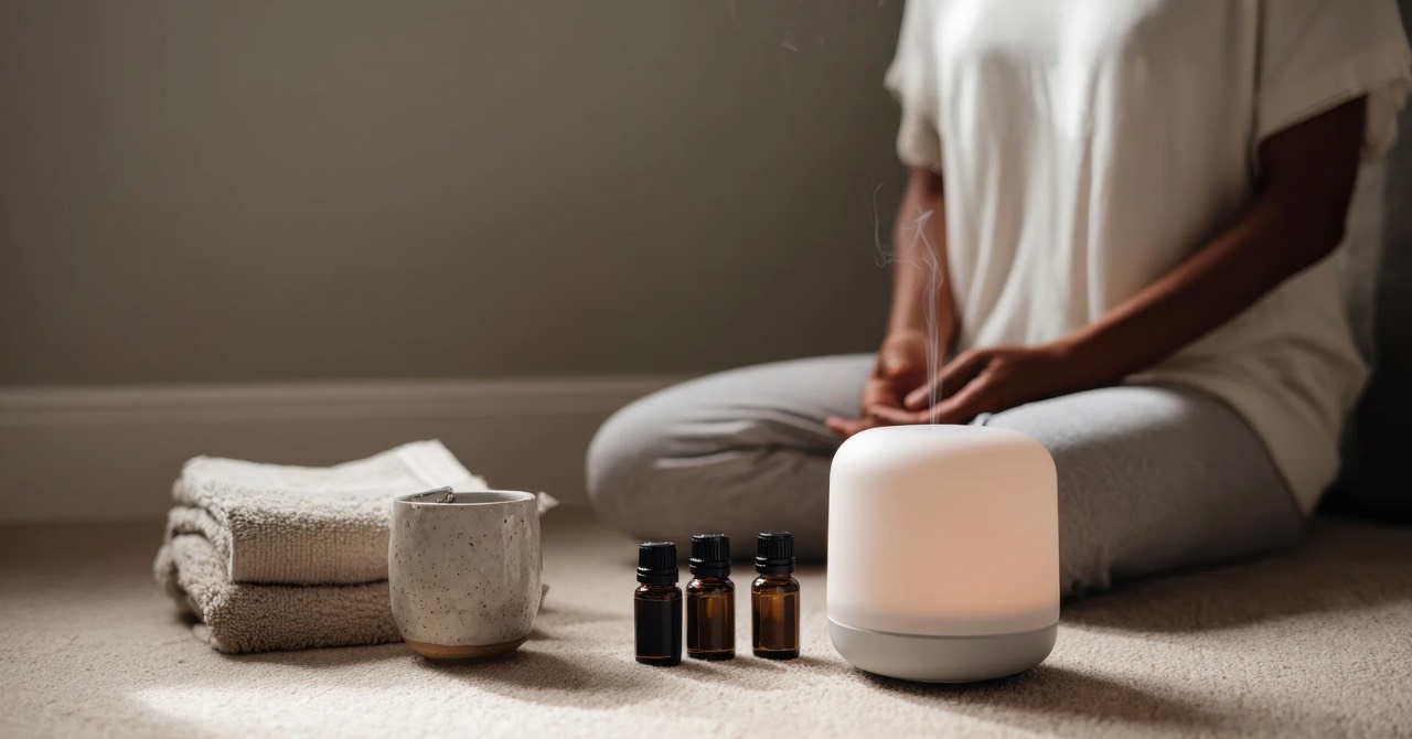 黒文字やヒノキなど国産精油をブレンドしたセサミオイルで心を整える女性のイメージ写真