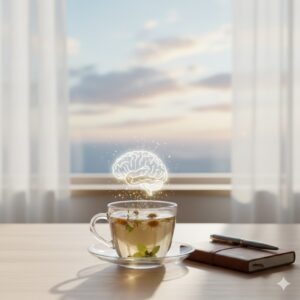 窓から差し込む柔らかな光と、何もない静かな空間。脳の余白と休息をイメージ。