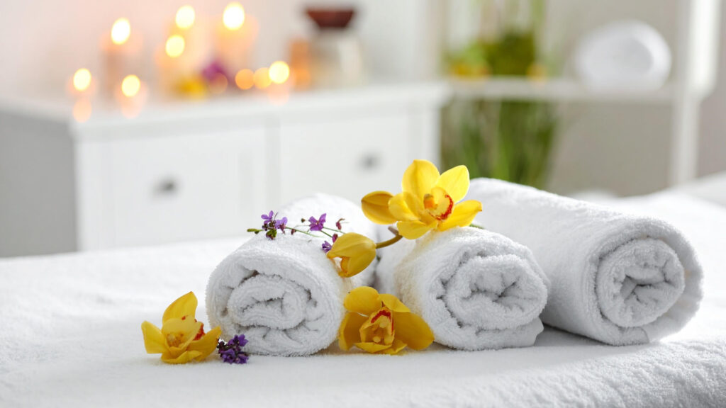 施術ルームのふかふかのバスタオルの写真